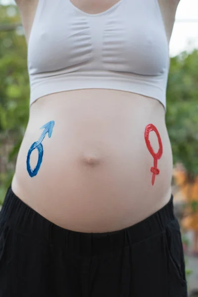 Geschlechtssymbole auf einem schwangeren weiblichen Bauch. Schwangerschaftskonzept. Nahaufnahme — Stockfoto