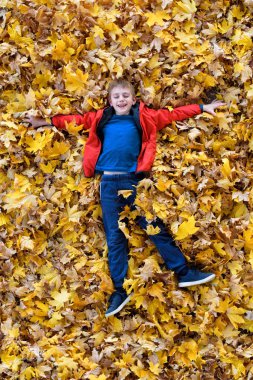 Gülümseyen çocuk sarı sonbahar yaprakları yatıyor. Üst görünüm. Sonbahar konsepti