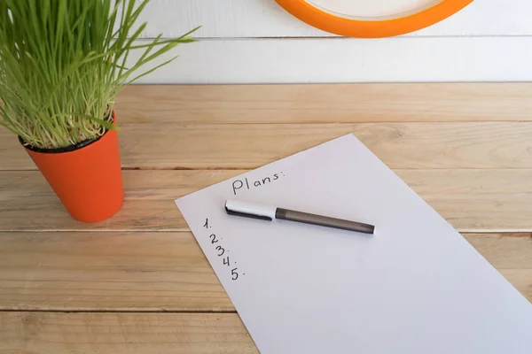 Vista dall'alto su foglio bianco di carta con un piano e una penna, pianta d'appartamento verde. Pianificazione aziendale — Foto Stock
