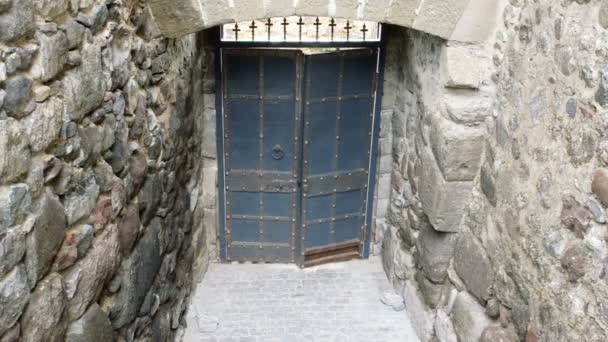 Jeune Femme Dans Chapeau Ouvre Des Portes Métal Antique Monte — Video