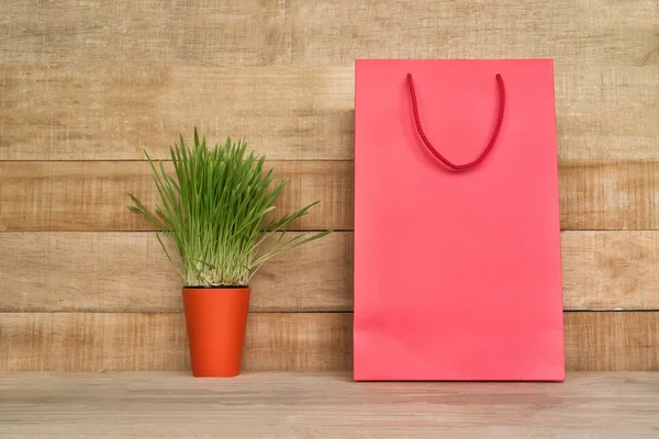 Pink shopping bag on a wooden table. Green houseplant. Consumer concept — Stock Photo, Image