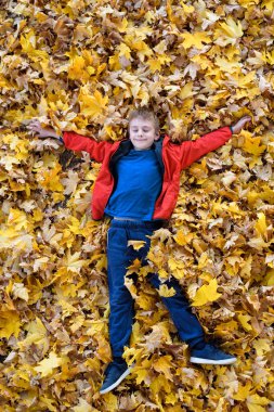 Gülümseyen çocuk sarı sonbahar yaprakları yatıyor. Üst görünüm. Sonbahar konsepti