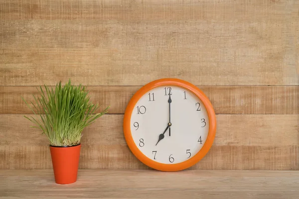Horloge ronde sur un mur en bois. Une plante d'intérieur verte. Début de la journée de travail — Photo