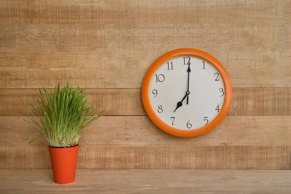 Horloge ronde sur un mur en bois. Une plante d'intérieur verte. Début de la journée de travail — Photo