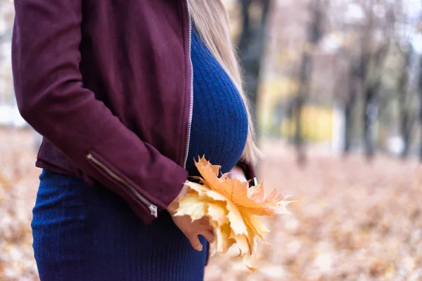 Le ventre d'une femme enceinte. Huitième mois. Bouquet de feuilles jaunes dans les mains. Parc d'automne en arrière-plan — Photo