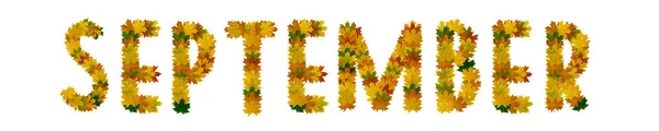 노란색, 녹색, 주황색 단풍 나무 단풍의 문구 9 월 클로즈업. 흰색 배경에서 격리 — 스톡 사진