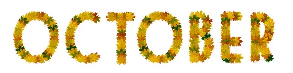 Outubro de frase de amarelo, folhas de outono de bordo verdes e cor-de-laranja close-up. Isolar no fundo branco — Fotografia de Stock
