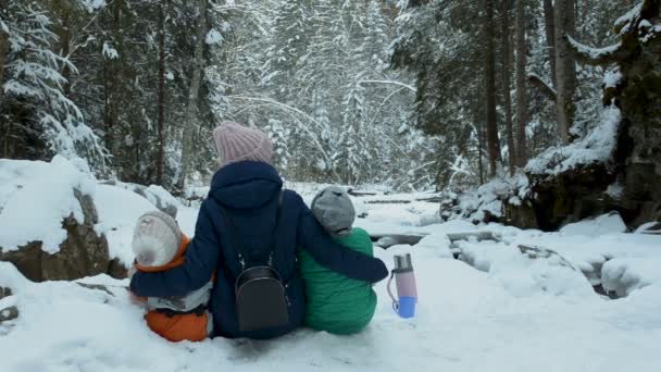 Mama Jej Dwóch Synów Siedzi Obejmując Tle Pokryte Śniegiem Lasu — Wideo stockowe