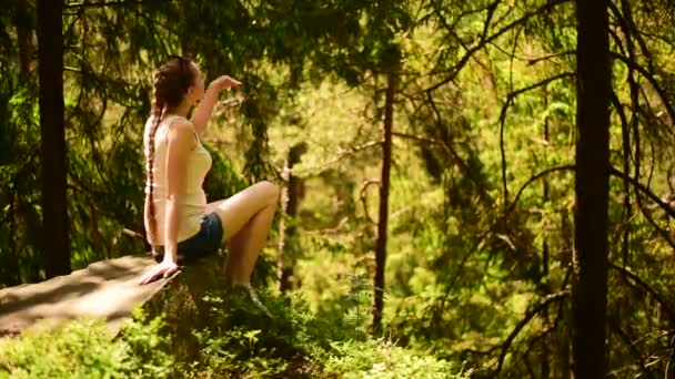 Dreaming beautiful girl sitting on a stone. Coniferous forest,  sunny day. — Stock Video