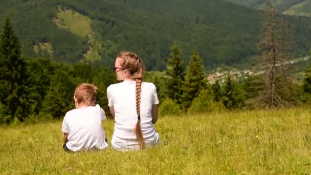 Mère et deux petits fils jouent dans la prairie sur fond de forêt verte et de montagnes . — Video