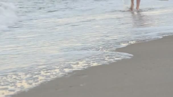 Mooie vrouwelijke benen lopen langs het schone zand langs de Surf lijn. Zonsondergang tijd — Stockvideo