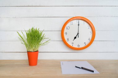 Beyaz bir duvarda yuvarlak saat, yeşil ev bitkisi ve kalemli boş bir kağıt. İş planlama