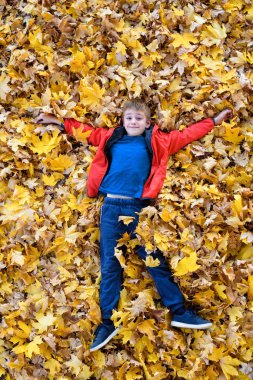 Gülümseyen çocuk sarı sonbahar yaprakları yatıyor. Üst görünüm. Sonbahar konsepti