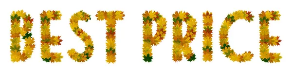 Phrase Best price of yellow, green and orange maple autumn leaves close-up. Isolate on white background — Stock Photo, Image