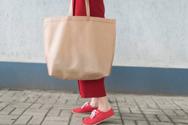 Büyük eko çanta alışveriş. Genç bir kadın. Kopyalama alanı