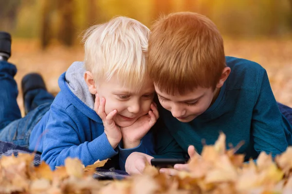 Два младших брата используют смартфон, лежащий в желтых осенних листьях. Улыбается и веселится. Осенний день — стоковое фото
