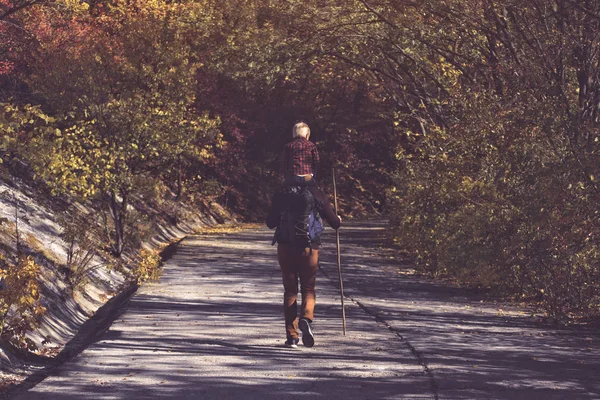 Padre con hijo sobre sus hombros caminando en el parque de otoño. Vista trasera — Foto de Stock