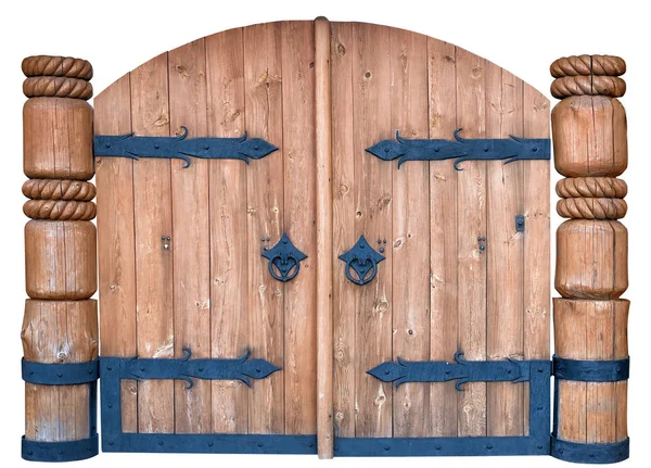 Dřevěná Brána Tepanými Železnými Prvky Izolované Bílém Pozadí — Stock fotografie