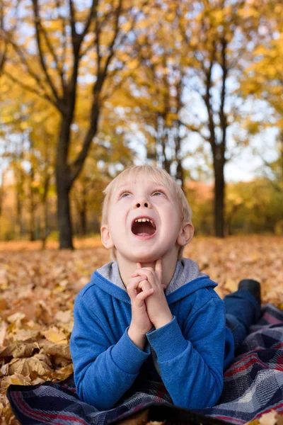 Mignon petit garçon blond se couche sur un plaid et lever les yeux, feuilles d'automne jaunes. Sourire et s'amuser. Jour d'automne — Photo