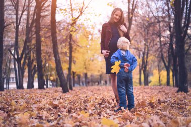 Küçük sarışın çocuk sarı bir yaprağın arkasına saklandı. Anneme vermek istiyor. Arka planda Sonbahar parkı