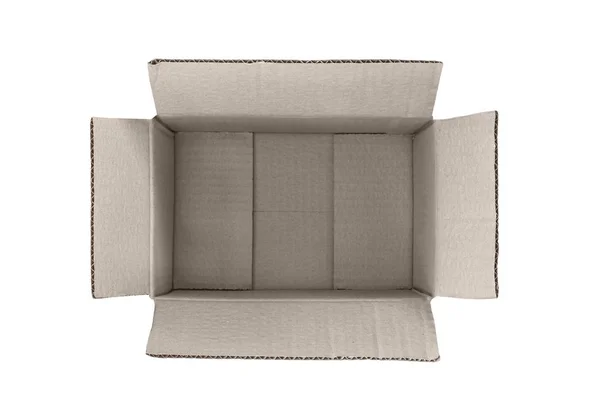 Caixa de papelão aberta vazia no fundo branco. Conceito de entrega. Isola. Vista superior — Fotografia de Stock