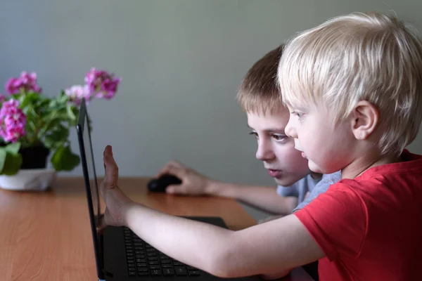 Двое детей пользуются ноутбуком. Домашнее обучение, отдых — стоковое фото