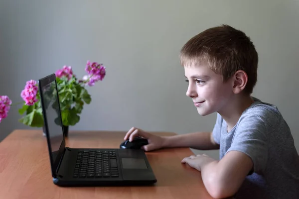 Улыбающийся школьник сидит за ноутбуком. Домашнее образование — стоковое фото