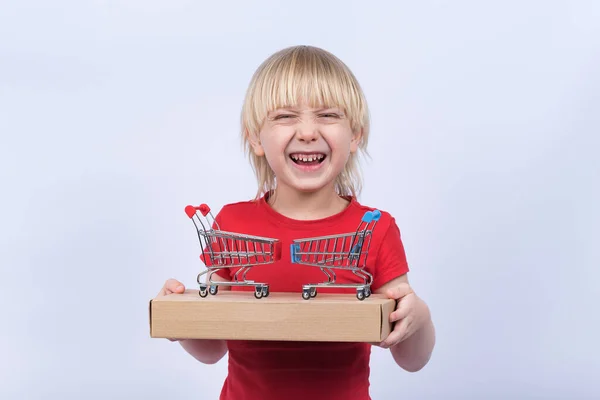 Lachende Jongen Houdt Pakje Twee Winkelwagentjes Vast Koop Speelgoed Online — Stockfoto