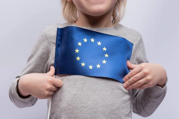 Child Holds Flag European Union Close Traveling Children Abroad Education — Stock Photo, Image