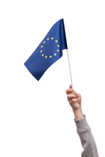 Flag European Union Child Hand Isolated White Background Vertical Frame — Stock Photo, Image