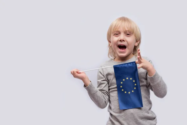 Smiling Blond Boy Holding Flag Hand White Background Trained Europe — Stock Photo, Image
