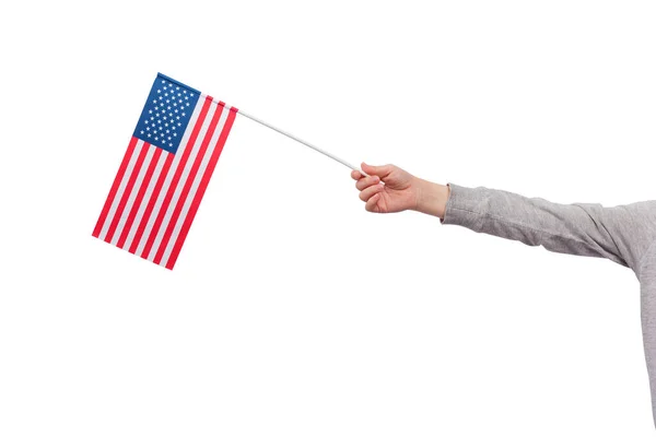 Mano Los Niños Sostiene Bandera Estados Unidos Aislada Sobre Fondo —  Fotos de Stock
