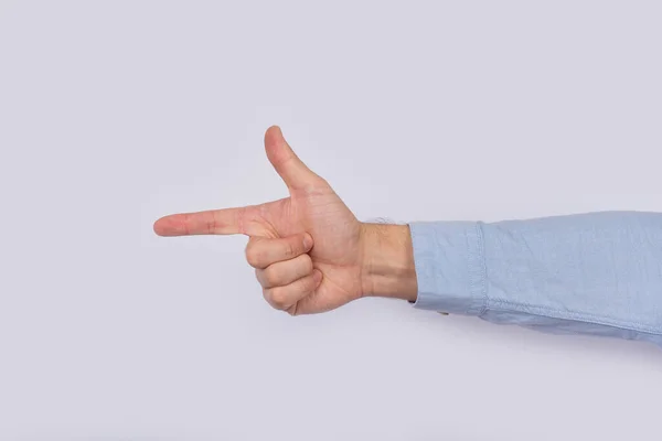 Mão Masculina Mostra Direção Dedo Indicador Apontando Mão Perto Fundo — Fotografia de Stock