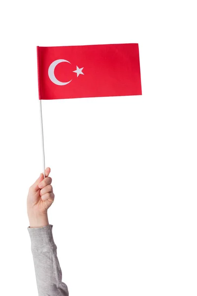Дитяча Рука Тримає Прапор Туреччини Червоний Прапор Місяць Зірка Вертикальна — стокове фото