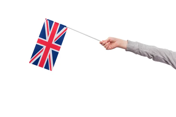 Bandera Del Reino Unido Mano Niño Aislada Sobre Fondo Blanco —  Fotos de Stock