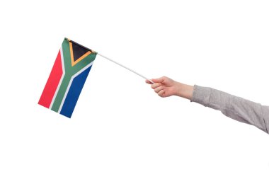 Beyaz arka planda Güney Afrika 'nın bayrağı çocukların elinde.