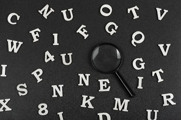 Search Concept White Letters Numbers Magnifying Glass Black Background — Stock Photo, Image