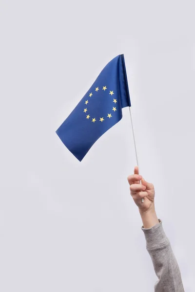 Bandeira União Europeia Mão Criança Sobre Fundo Branco Quadro Vertical — Fotografia de Stock