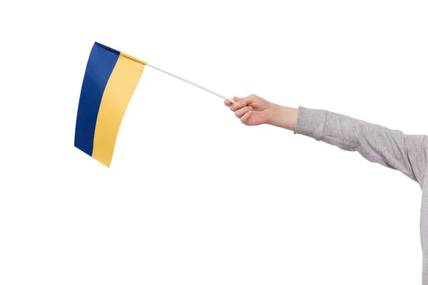 Παιδί Χέρι Κρατά Σημαία Της Ουκρανίας Απομονώνονται Λευκό Φόντο Κίτρινη — Φωτογραφία Αρχείου