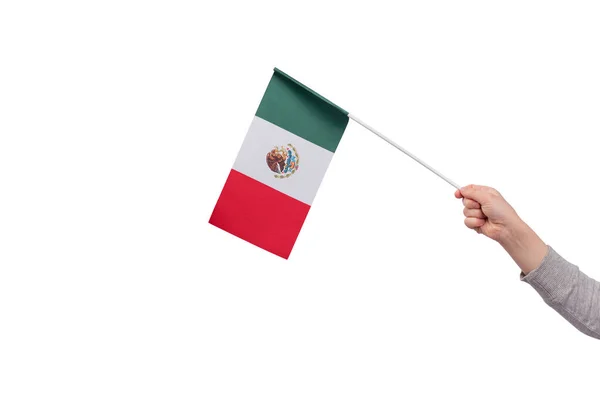 Kinderhand Houdt Vlag Van Mexico Geïsoleerd Witte Achtergrond — Stockfoto