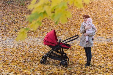 Anne sonbahar ormanında bebekle yürüyor. Anne ve bebek arabası.