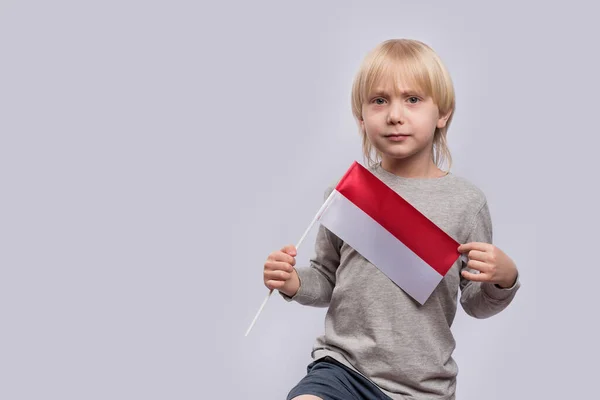 Chico Serio Rubio Sosteniendo Bandera Polonia Educación Polonia — Foto de Stock