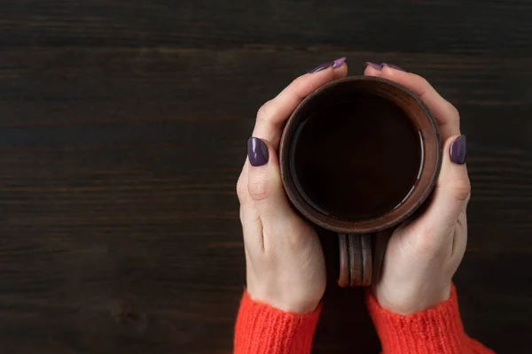 Female Hands Sweater Holding Cup Wooden Table Top View — Stock Photo, Image