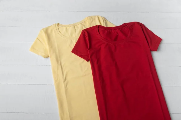 Red and yellow cotton t-shirt unisex. Cotton blank t-shirt. Mockup.