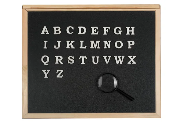 Lettres Alphabet Anglais Sur Tableau Noir Loupe Concept Éducation — Photo