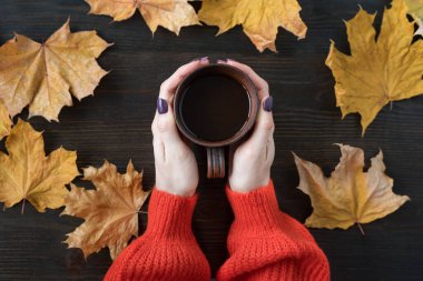 Samimi sonbahar kompozisyonunun üst görüntüsü. Ahşap zemin üzerinde düşmüş sonbahar yapraklarıyla çay bardağını tutan kadın eller.