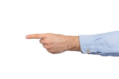 Beyaz arka planda izole edilmiş erkek eli, hareketin yönünü gösterir. El işaretçisi.