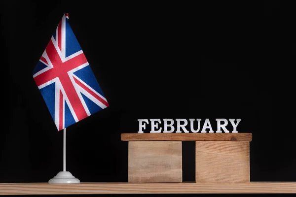 Wooden Calendar February Great Britain Flag Black Background Holidays February — Stock Photo, Image