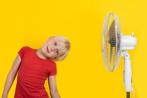 Rapaz Cabelos Lisos Com Soprador Relaxante Fundo Amarelo Verão Quente — Fotografia de Stock