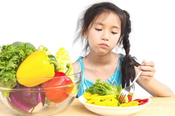Asian Lovely Girl Showing Boring Expression Fresh Colorful Vegetables Isolated — Stock Photo, Image